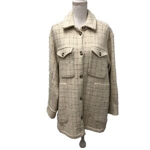 Munthe Wool Shacket Shirt Jacket Womens 38 US 8 Ivory Silver Plaid Boho Oversize